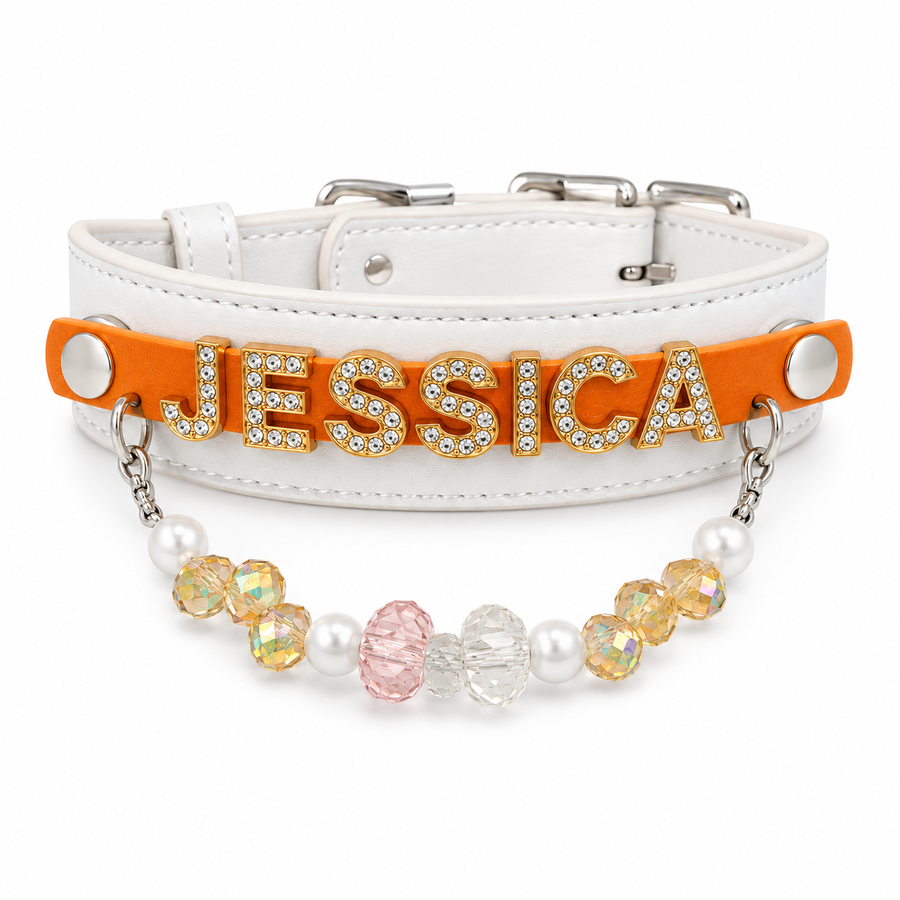Personalized rhinestone name pet collar with crystal bead charm