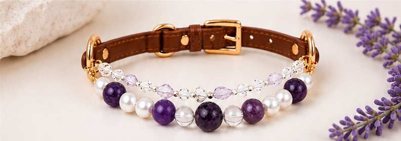 Amethyst and pearl pet collar with lavender