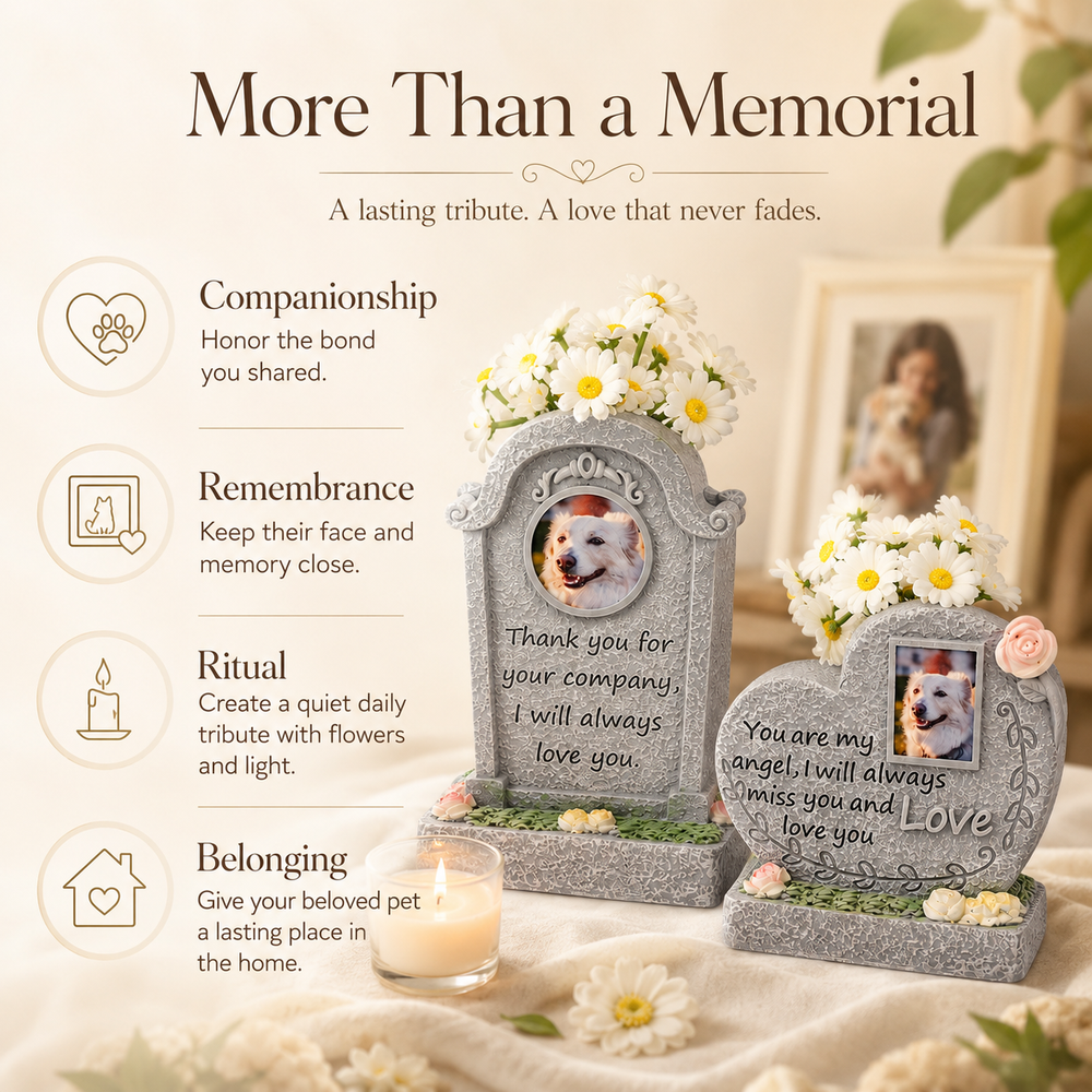 Personalized Pet Memorial Stone Keepsake with Photo Frame and Flower Holder