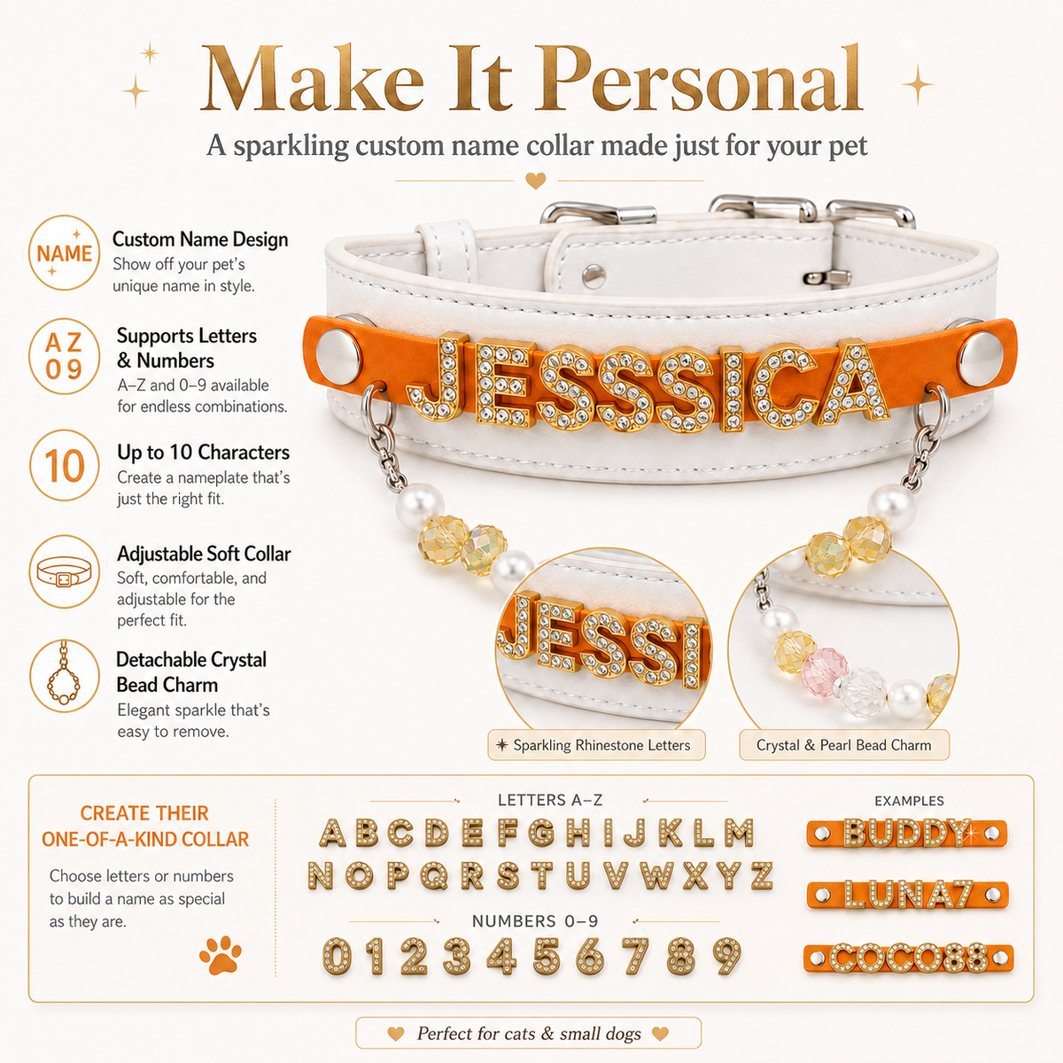 Personalized Rhinestone Name Pet Collar with Crystal & Pearl Charm