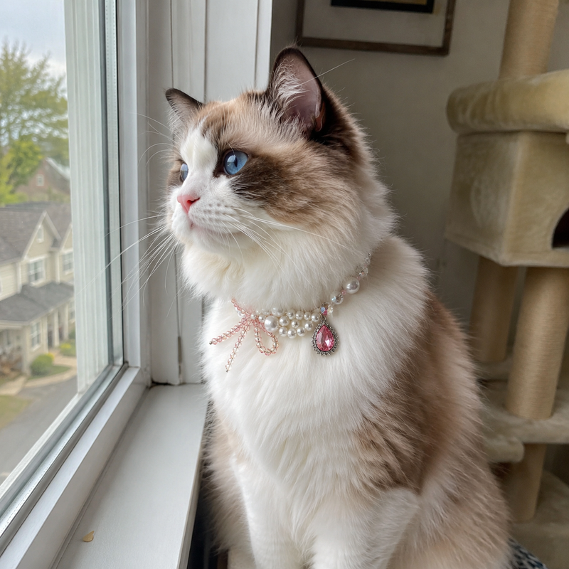Pink Bow Pearl Pet Necklace – Elegant Pet Jewelry for Cats & Small Dogs