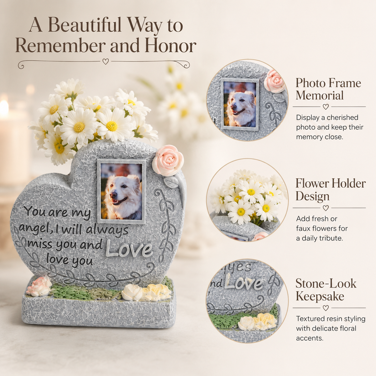 Personalized Pet Memorial Stone Keepsake with Photo Frame and Flower Holder