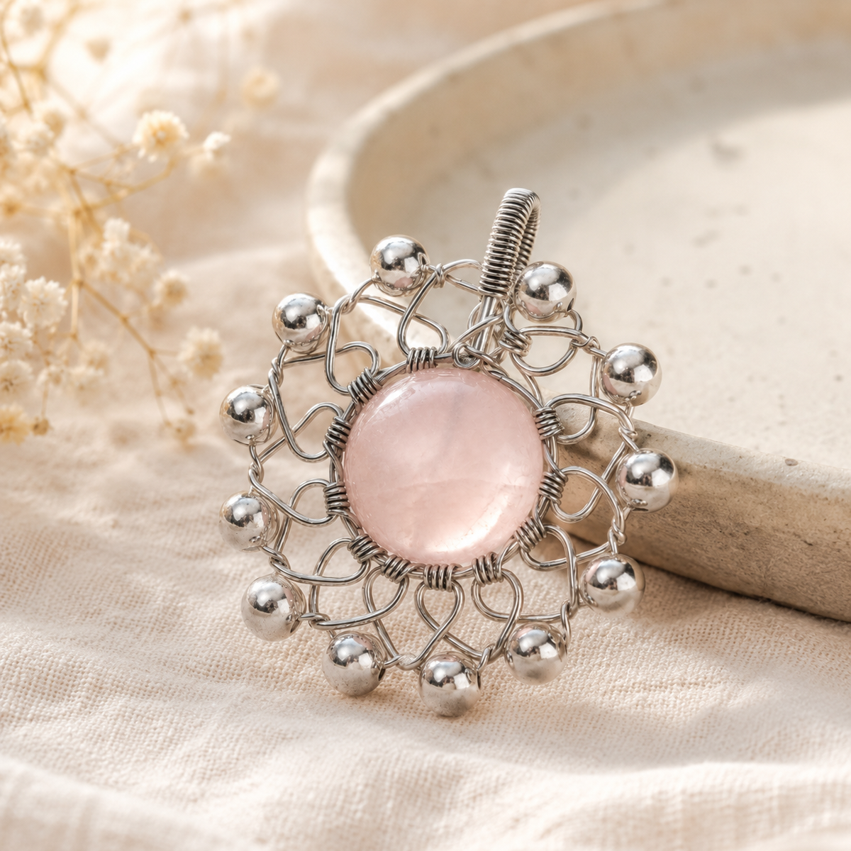 Rose Quartz Silver Bead Guardian Pendant Charm - product image 2