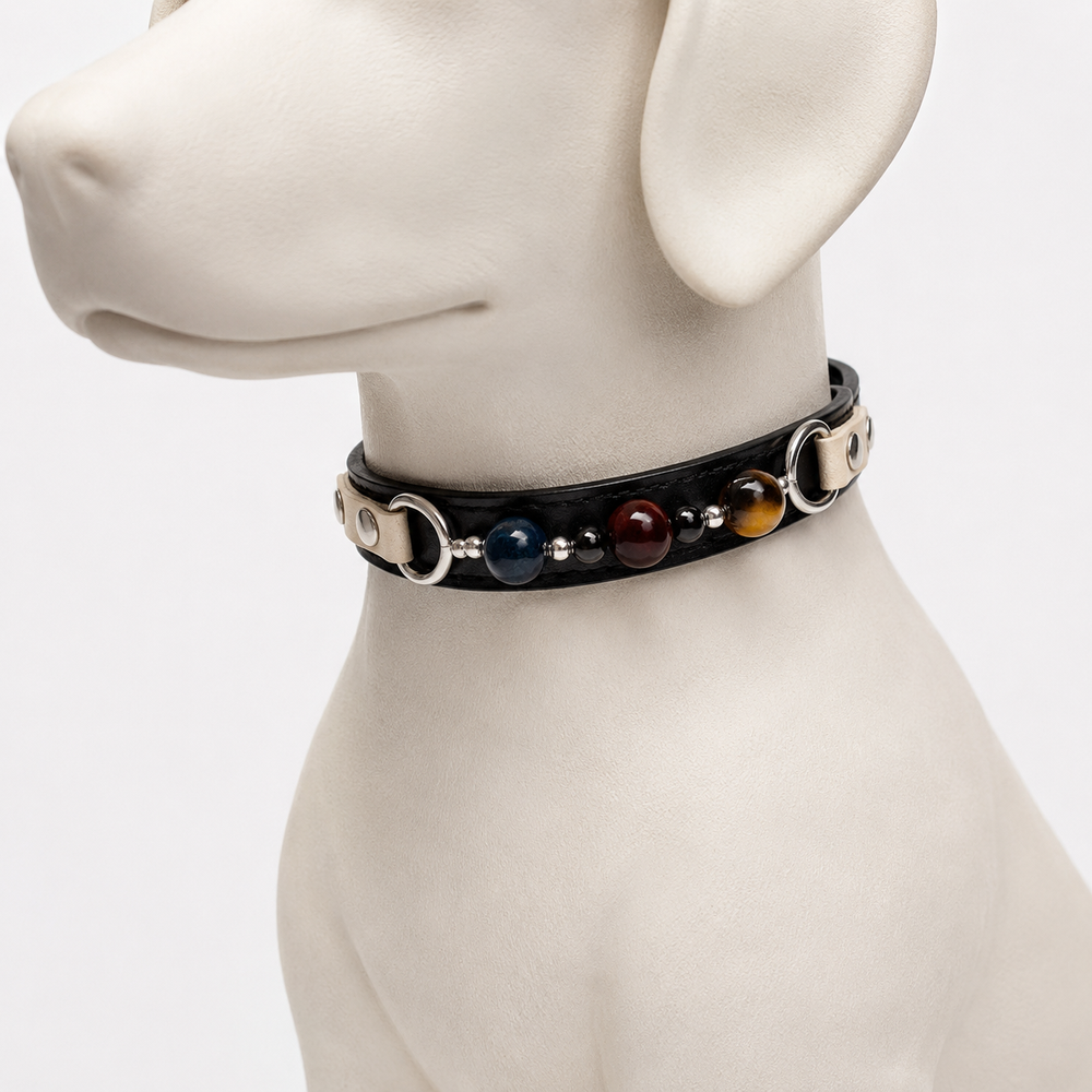 Twilight Abyss Natural Crystal Pet Collar – Tiger Eye & Obsidian