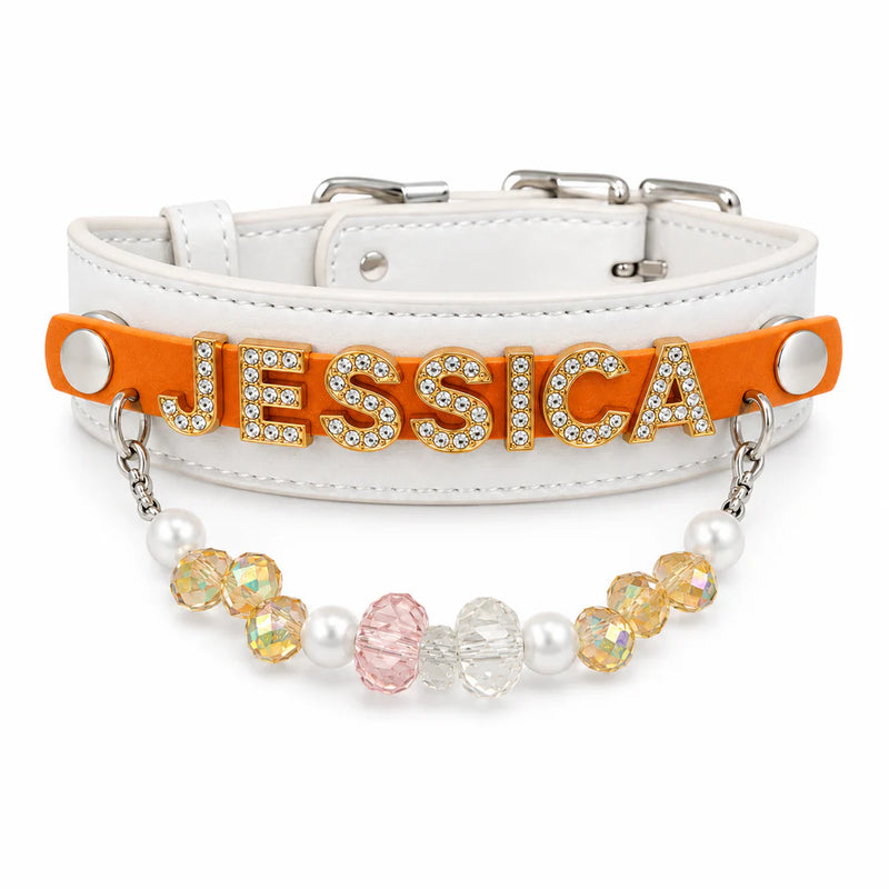 Personalized Rhinestone Name Pet Collar with Crystal & Pearl Charm