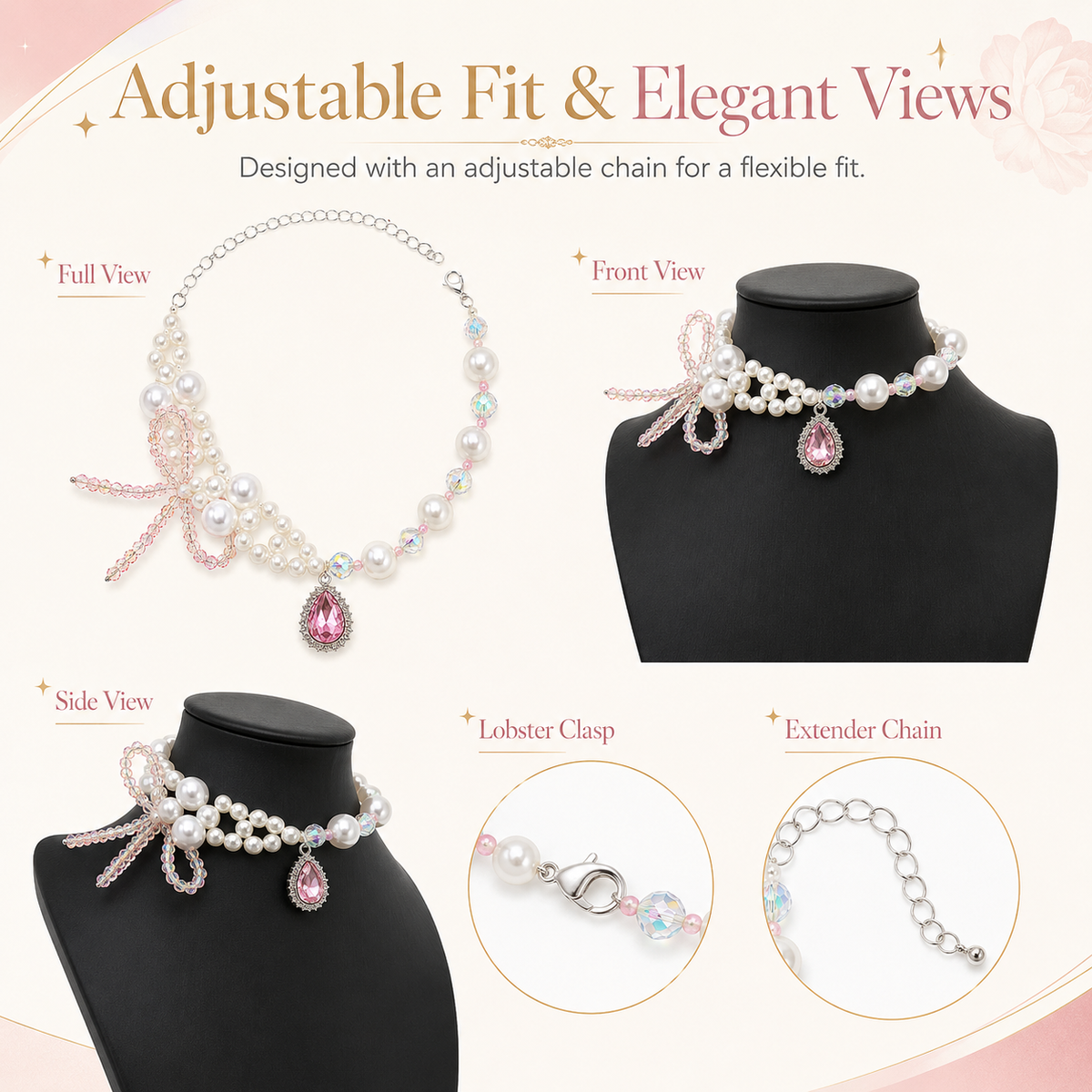 Pink Bow Pearl Pet Necklace - product image 4