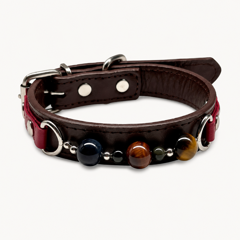 Twilight Abyss Natural Crystal Pet Collar – Tiger Eye & Obsidian
