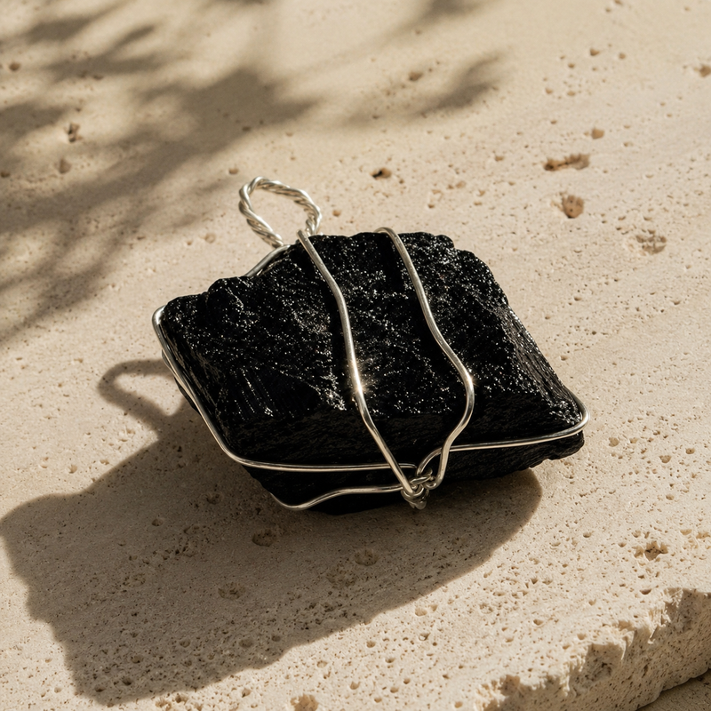 Black Tourmaline Raw Crystal Pendant | Handmade Natural Stone Charm