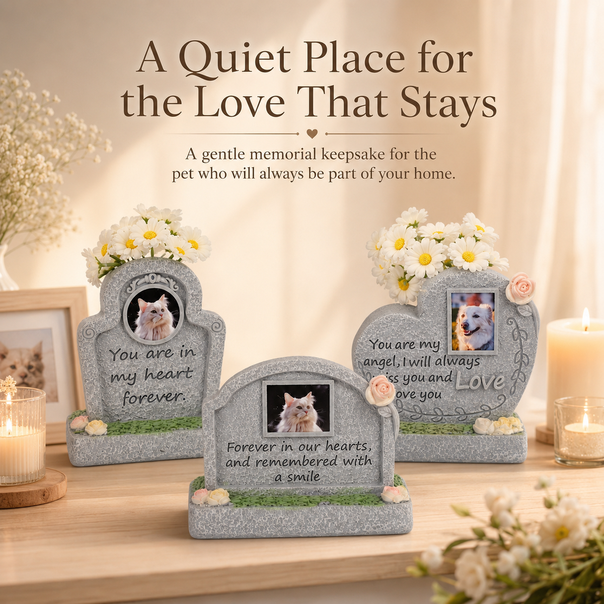 Personalized Pet Memorial Stone Keepsake with Photo Frame and Flower Holder