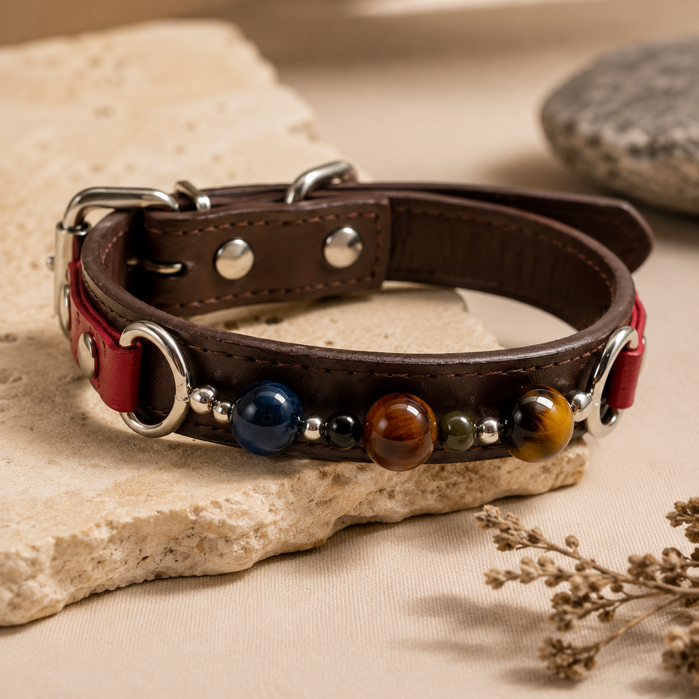 Twilight Abyss Natural Crystal Pet Collar – Tiger Eye & Obsidian