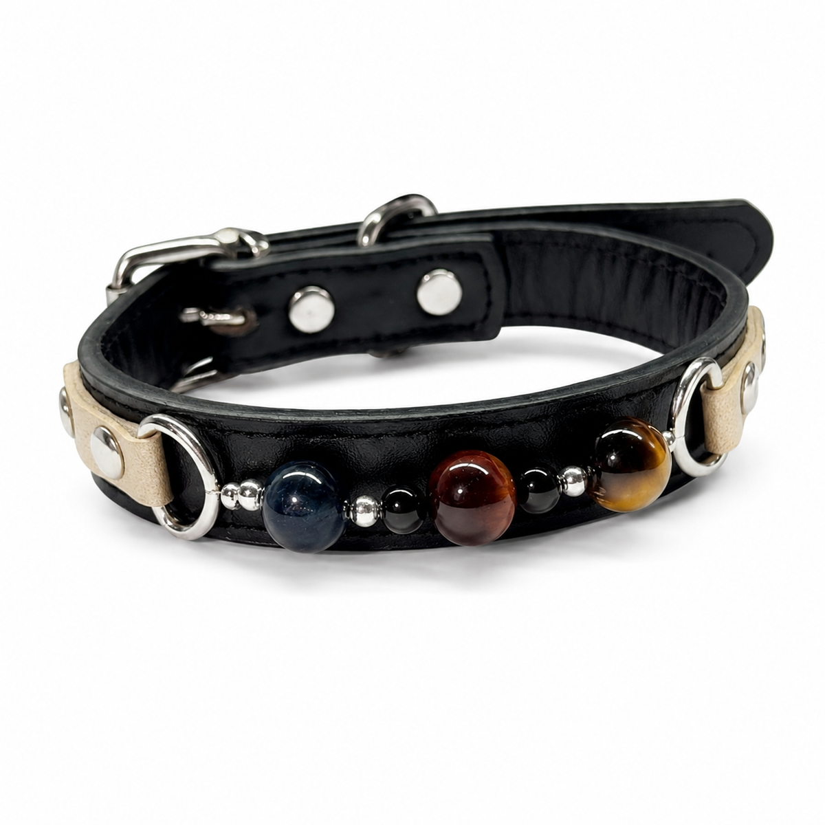 Twilight Abyss Natural Crystal Pet Collar – Tiger Eye & Obsidian