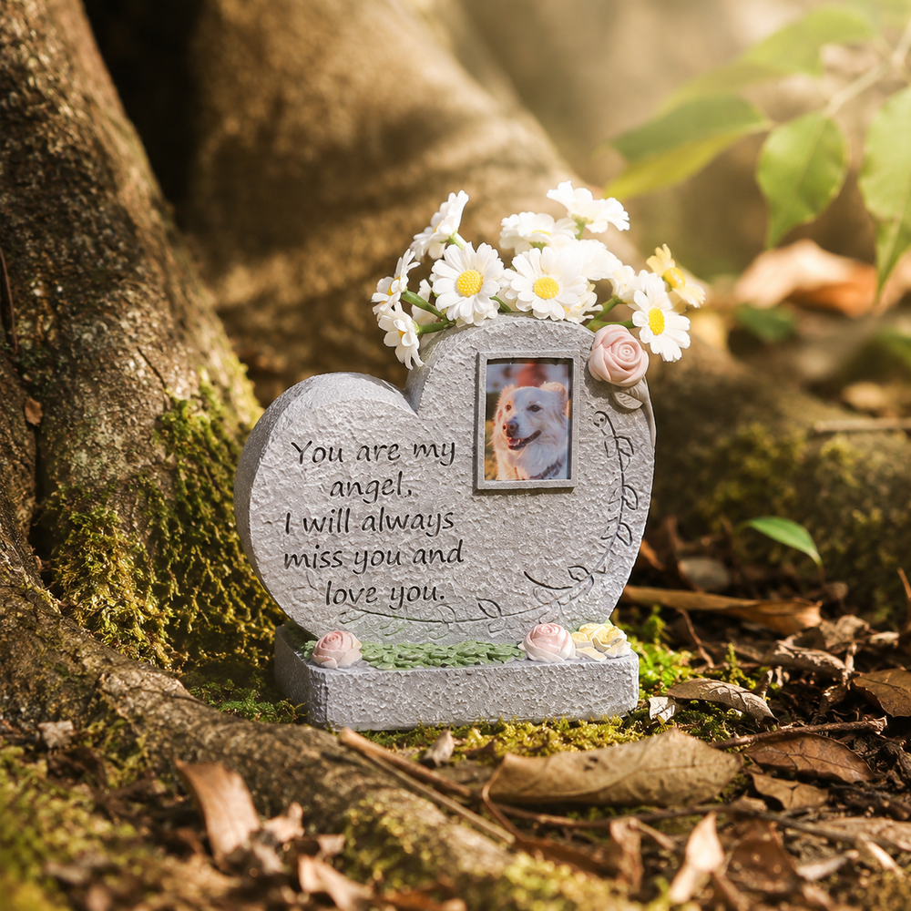 Personalized Pet Memorial Stone Keepsake with Photo Frame and Flower Holder