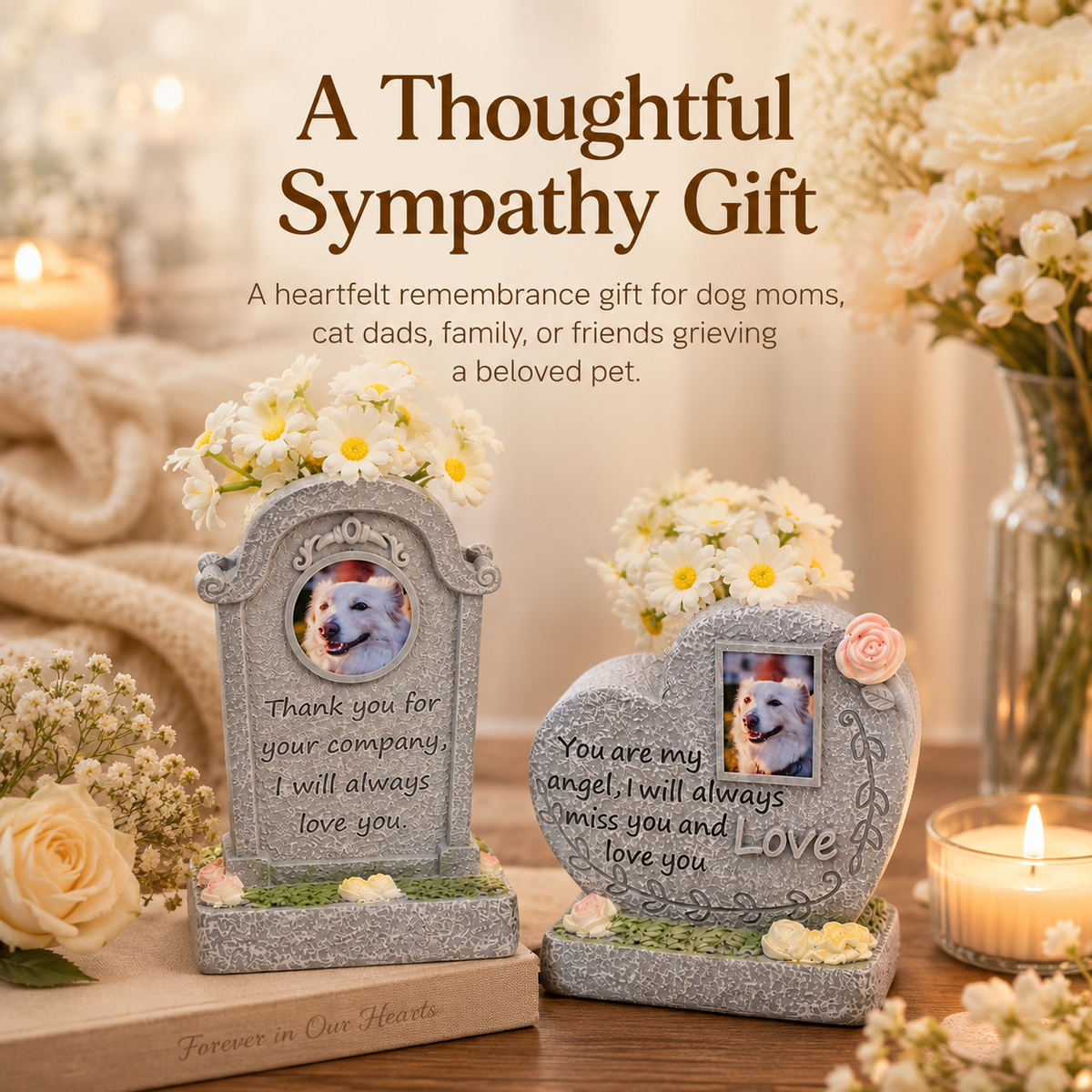 Personalized Pet Memorial Stone Keepsake with Photo Frame and Flower Holder