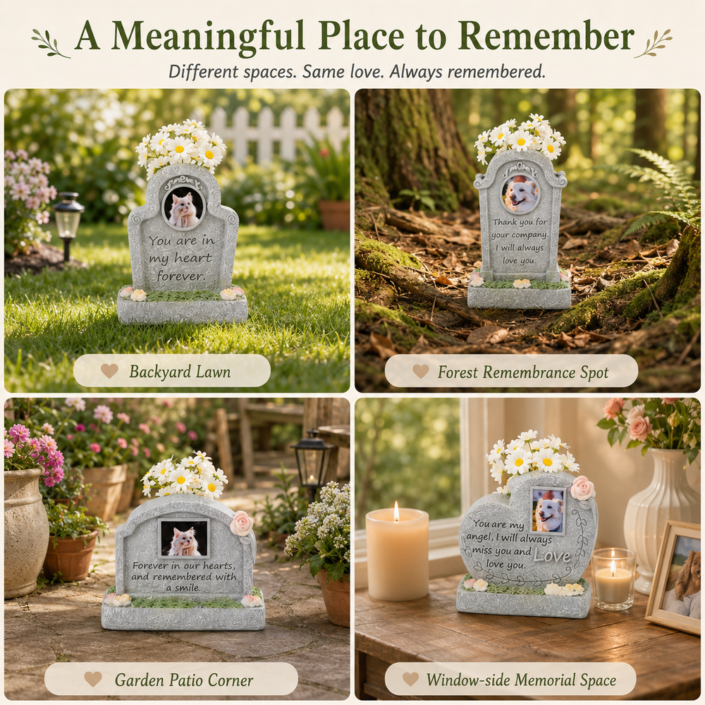 Personalized Pet Memorial Stone Keepsake with Photo Frame and Flower Holder